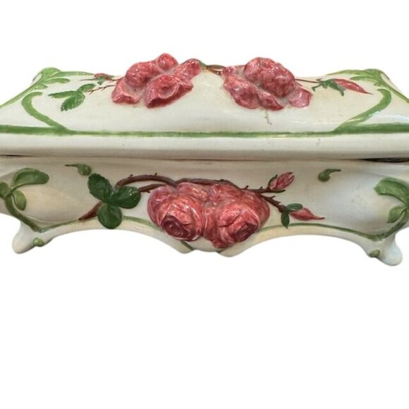 Hand-Painted Ceramic Jewelry Trinket Box With Pink Roses & Green Vines Design - Picture 10 of 12
